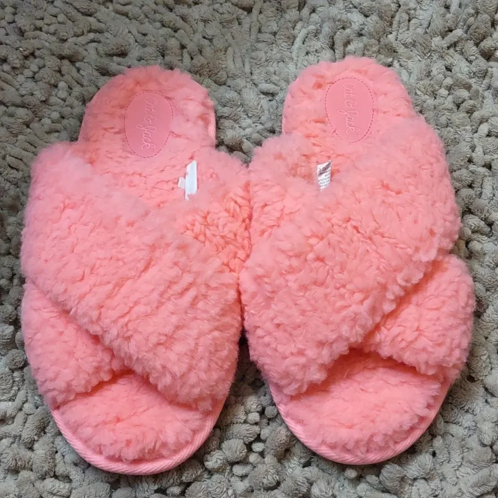 Cat & Jack Girls Coral Pink Size L (4-5) Fuzzy Slippers Hard Sole‎